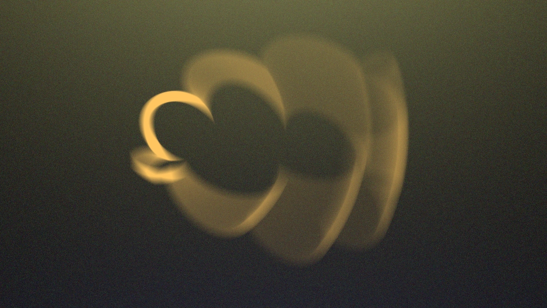 Eine abstrakte, organisch geschwungene Lichtform vor einem körnigen Hintergrund mit sanftem Verlauf.