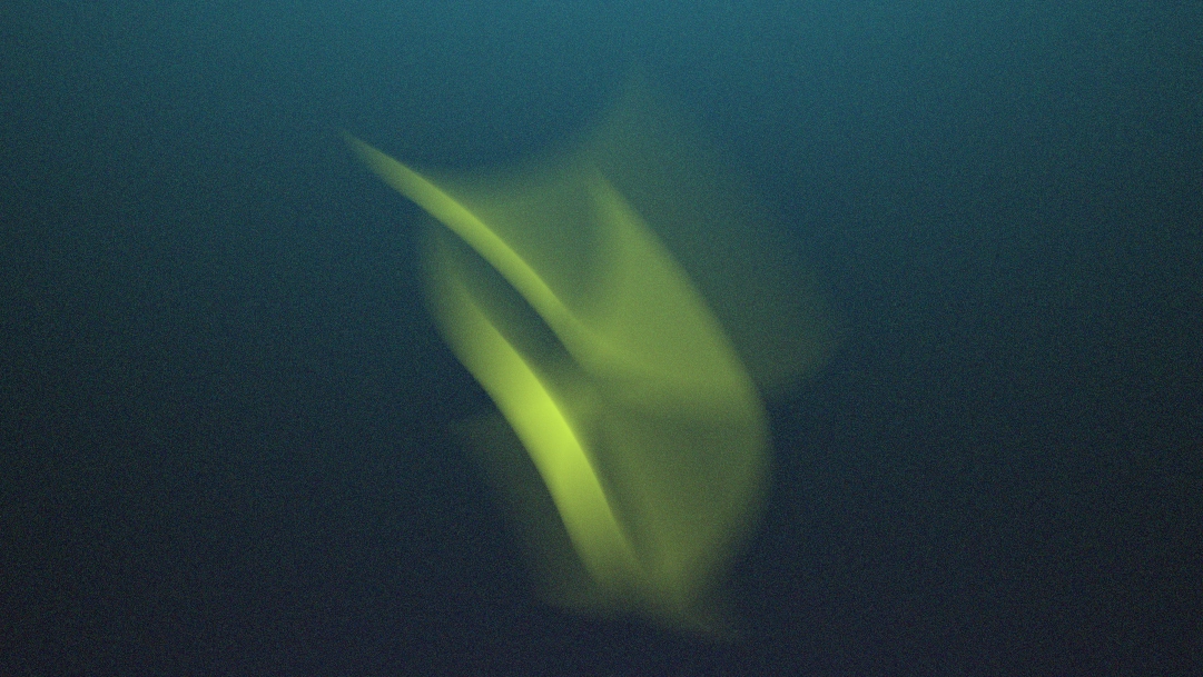 Eine abstrakte, organisch geschwungene Lichtform vor einem körnigen Hintergrund mit sanftem Verlauf.