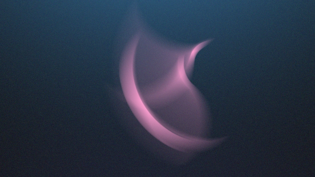 Eine abstrakte, organisch geschwungene Lichtform vor einem körnigen Hintergrund mit sanftem Verlauf.